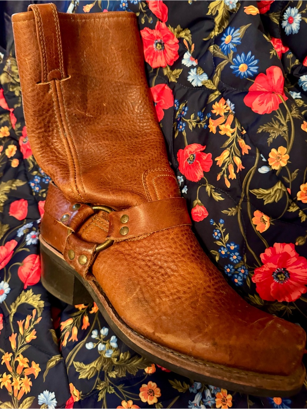 Frye Tan Leather Harness Boot with Brass Ring Detail